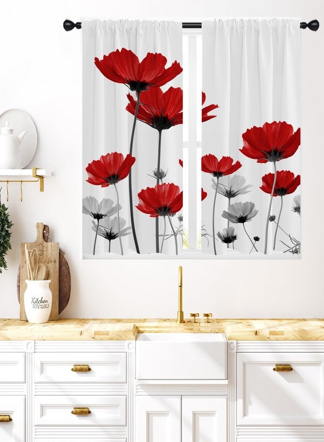 Coxila Red Floral Kitchen Window Curtains 27.5 x 39 Inch Small Short Mini Cafe Rod Pocket Flower Spring Black White Gray Grey Living Bedroom Room Home Treatment Set of 2 Curtain Panels Drapes Tiers - Image 1